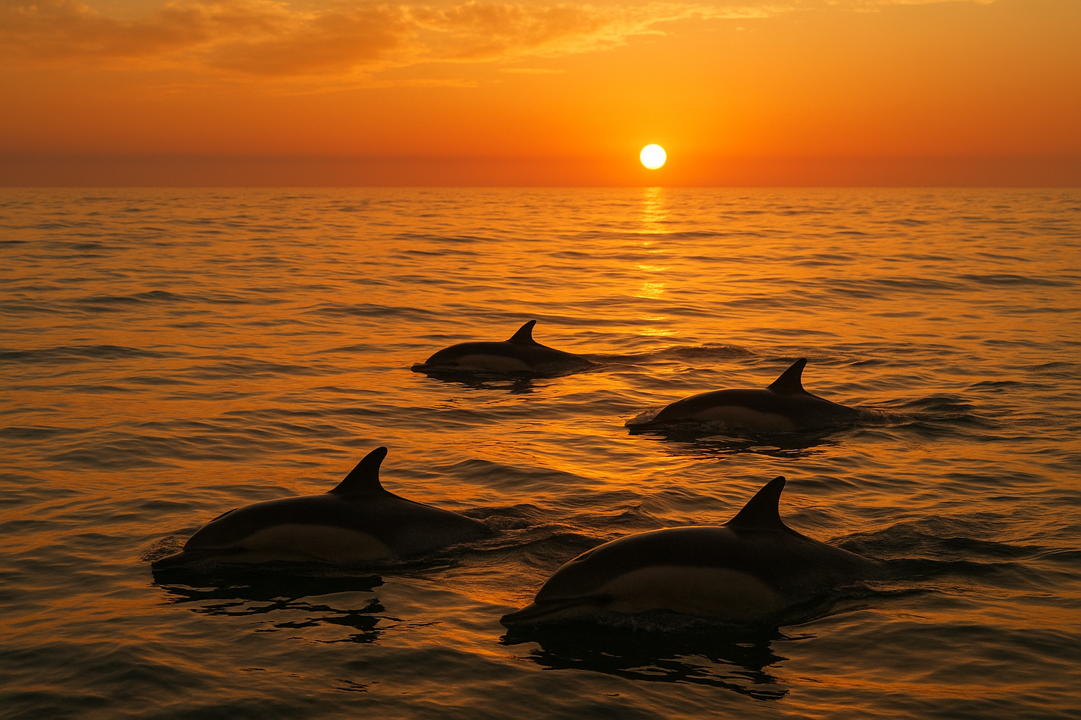 Common dolphins swimming at sunset off the San Diego coast