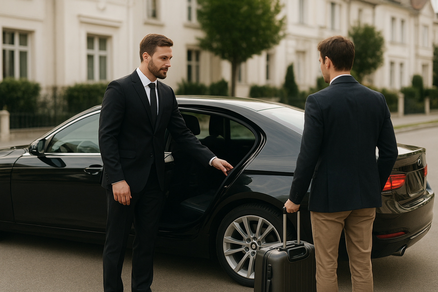 Chauffeur assisting a passenger with luggage before a Santa Barbara airport transfer
