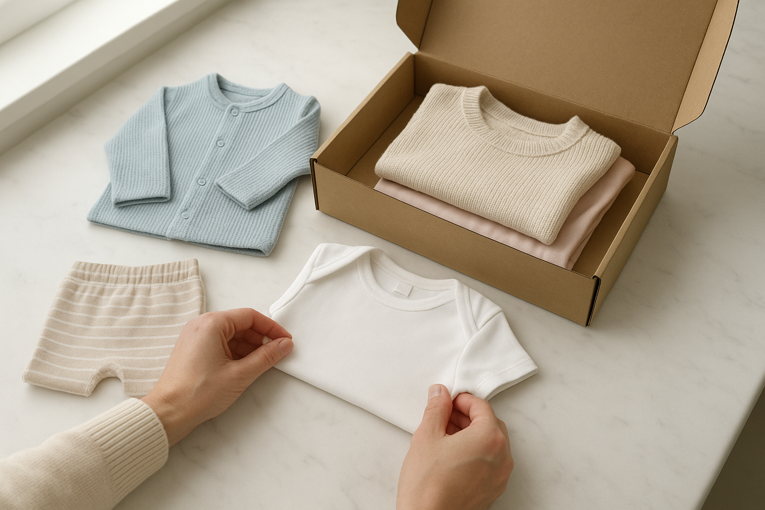 Parent sorting children's clothing items from a monthly subscription delivery box