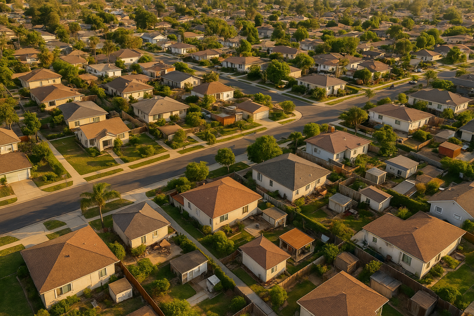 Aerial view of Southern California neighborhood showing residential properties suitable for ADU construction projects