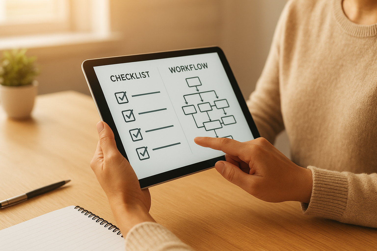 Business owner reviewing a step-by-step workflow for improving digital visibility