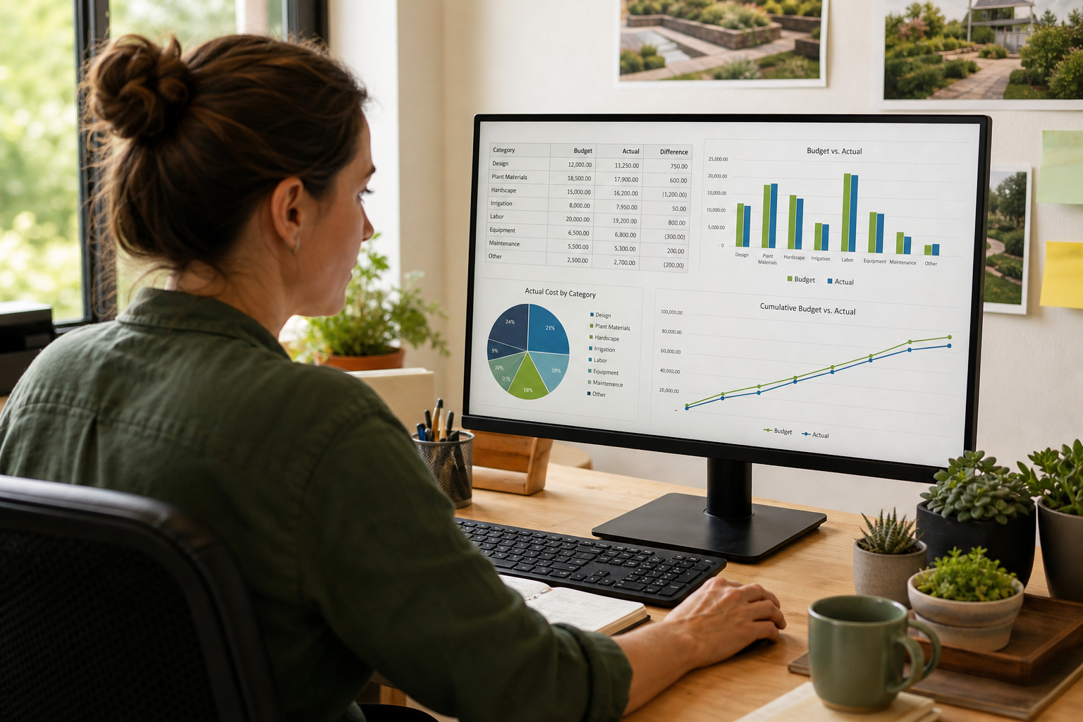 Office manager comparing budget versus actual job costs on a computer screen in a landscaping company office