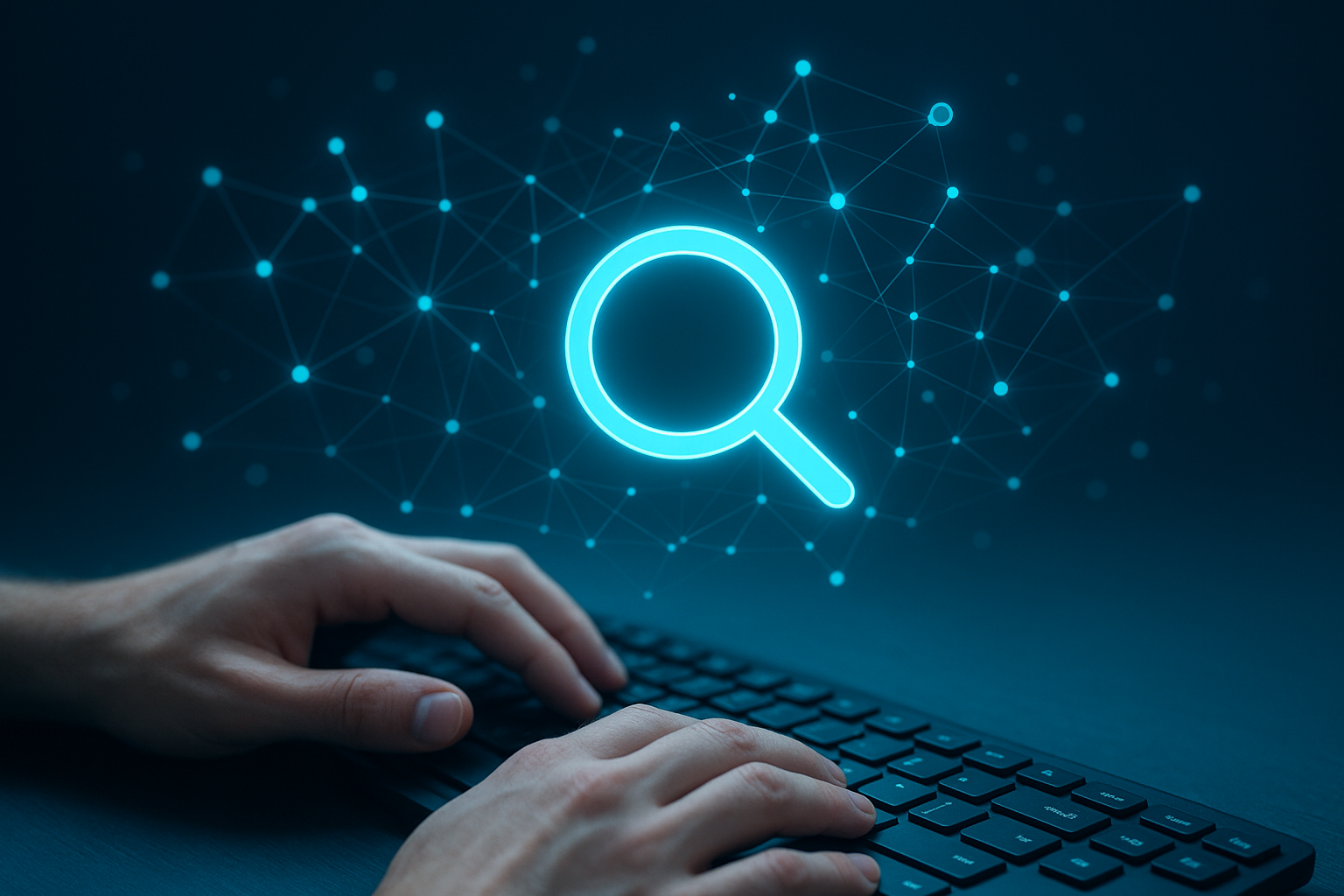 Hands typing with AI search visibility icons representing GoHighLevel SEO strategy
