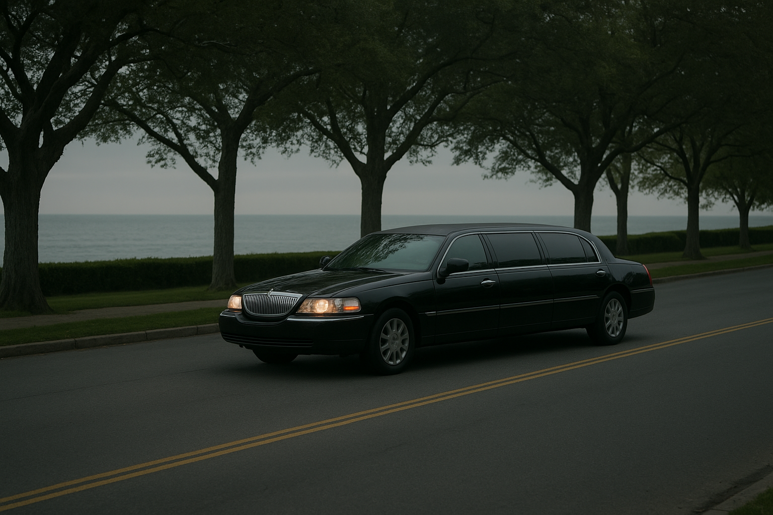 Black limousine used for funeral transportation South Bay procession on a quiet coastal street