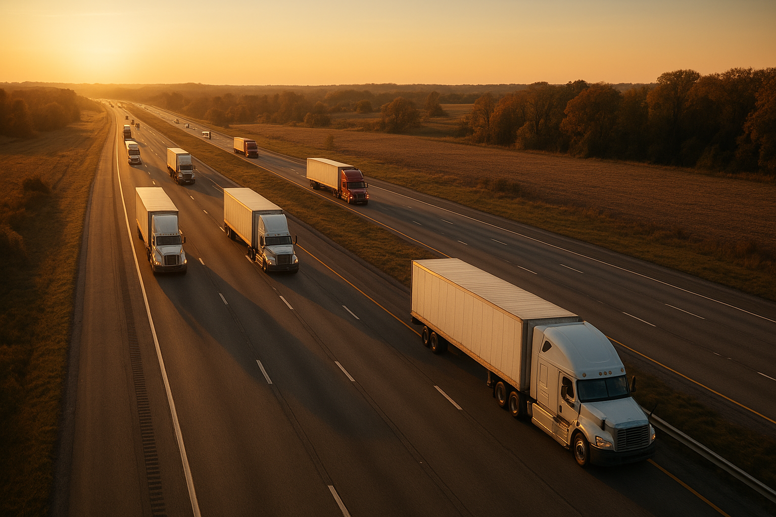 American freight trucks hauling truckload shipments across a U.S. interstate highway