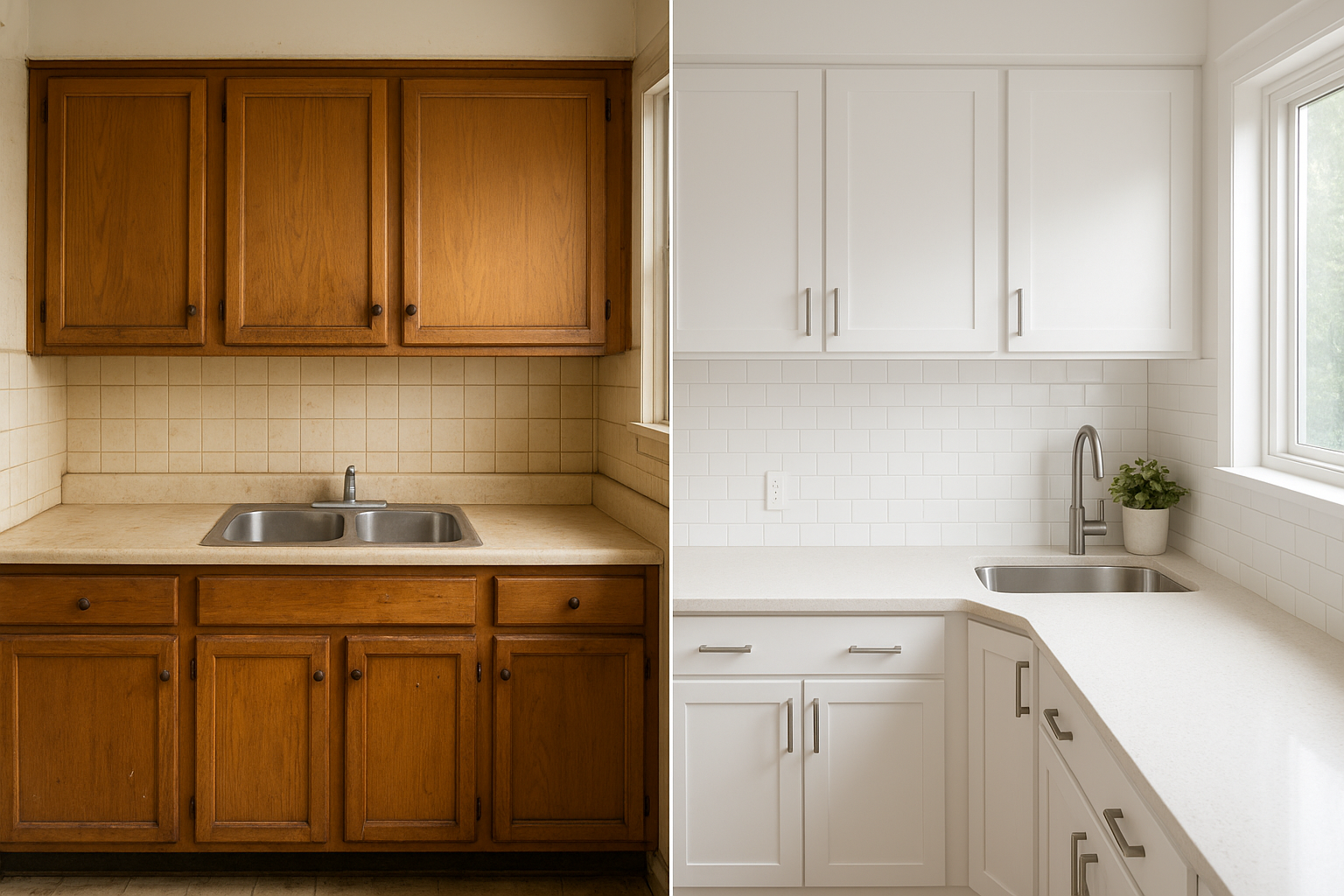 Before and after comparison of outdated cabinets and updated residential cabinet refacing results