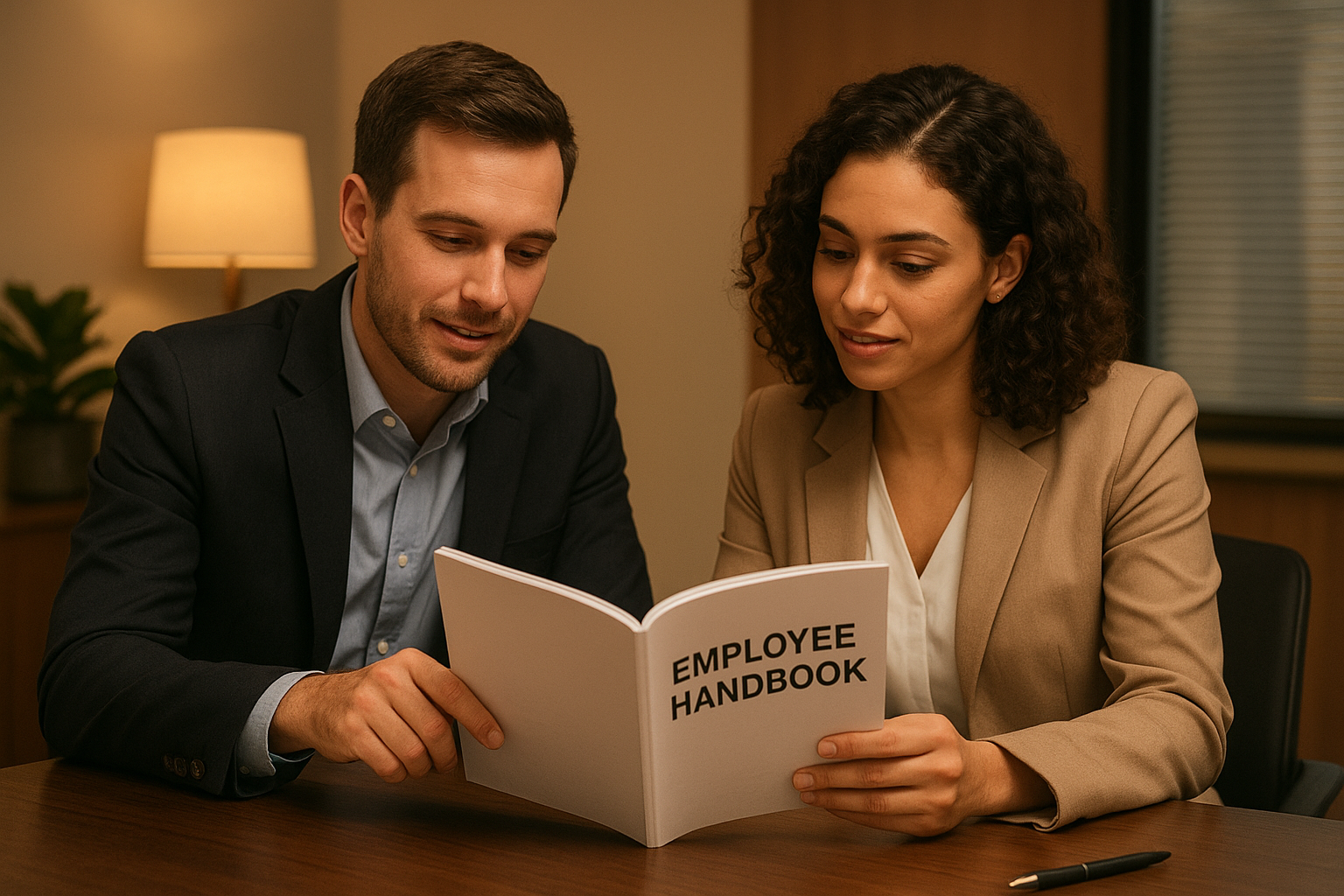 HR manager and employee reviewing employee handbook policies together