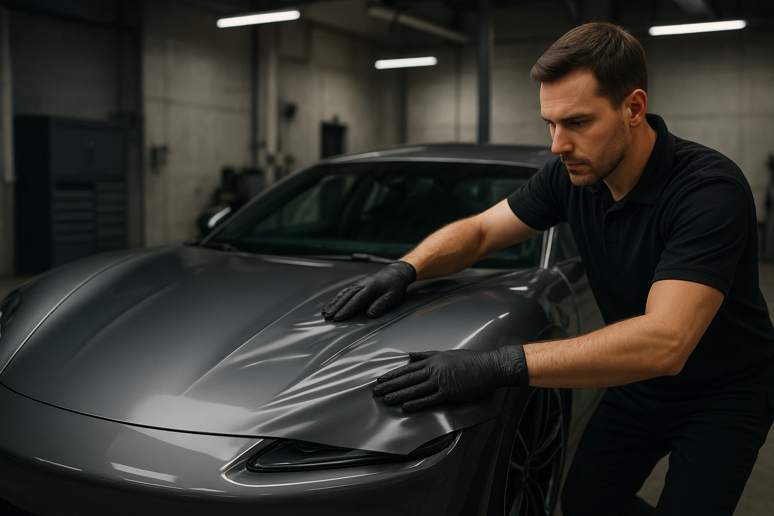 Technician performing precision film master oc installation on a vehicle hood