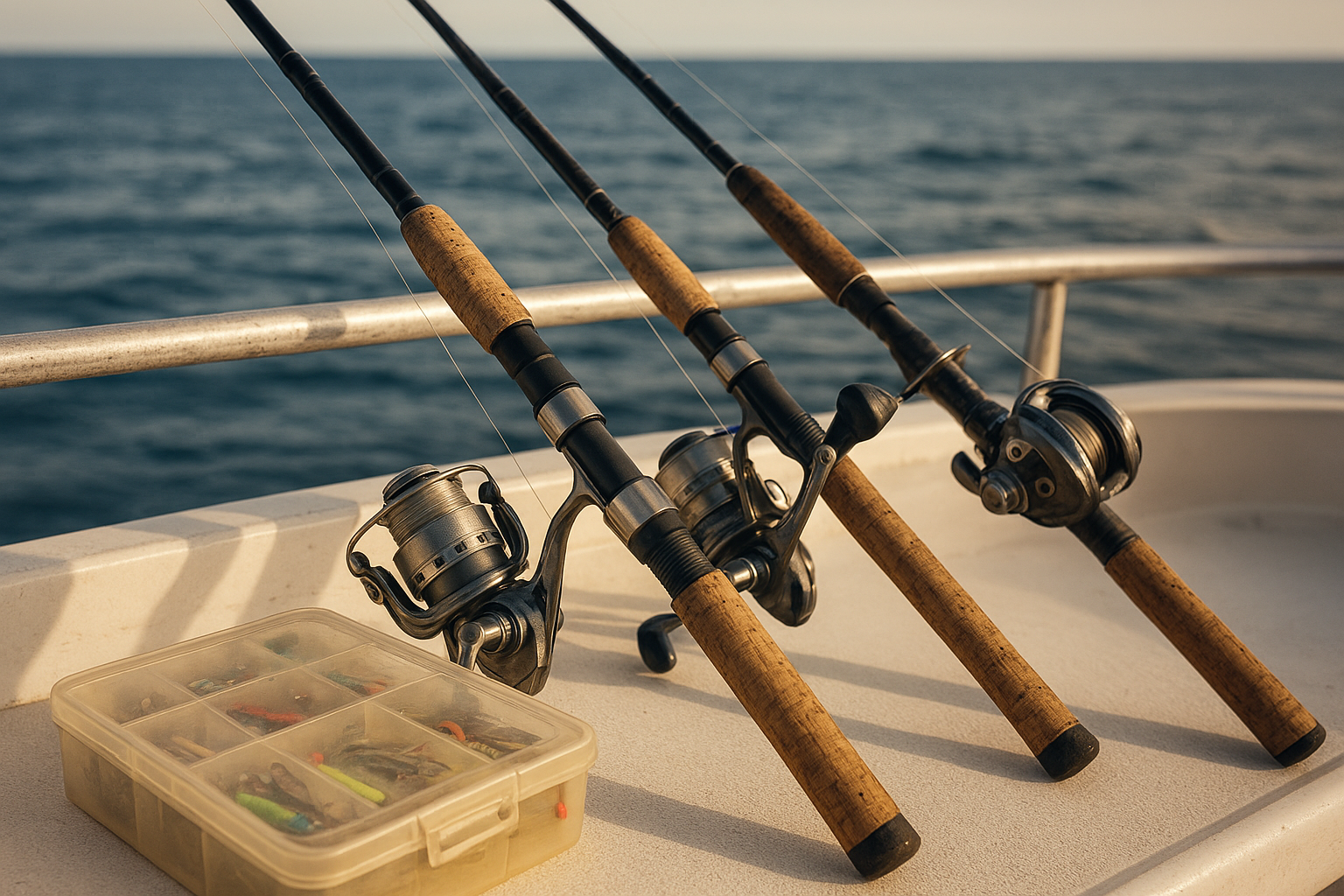 Fishing rods and tackle set up on a charter boat deck near Myrtle Beach