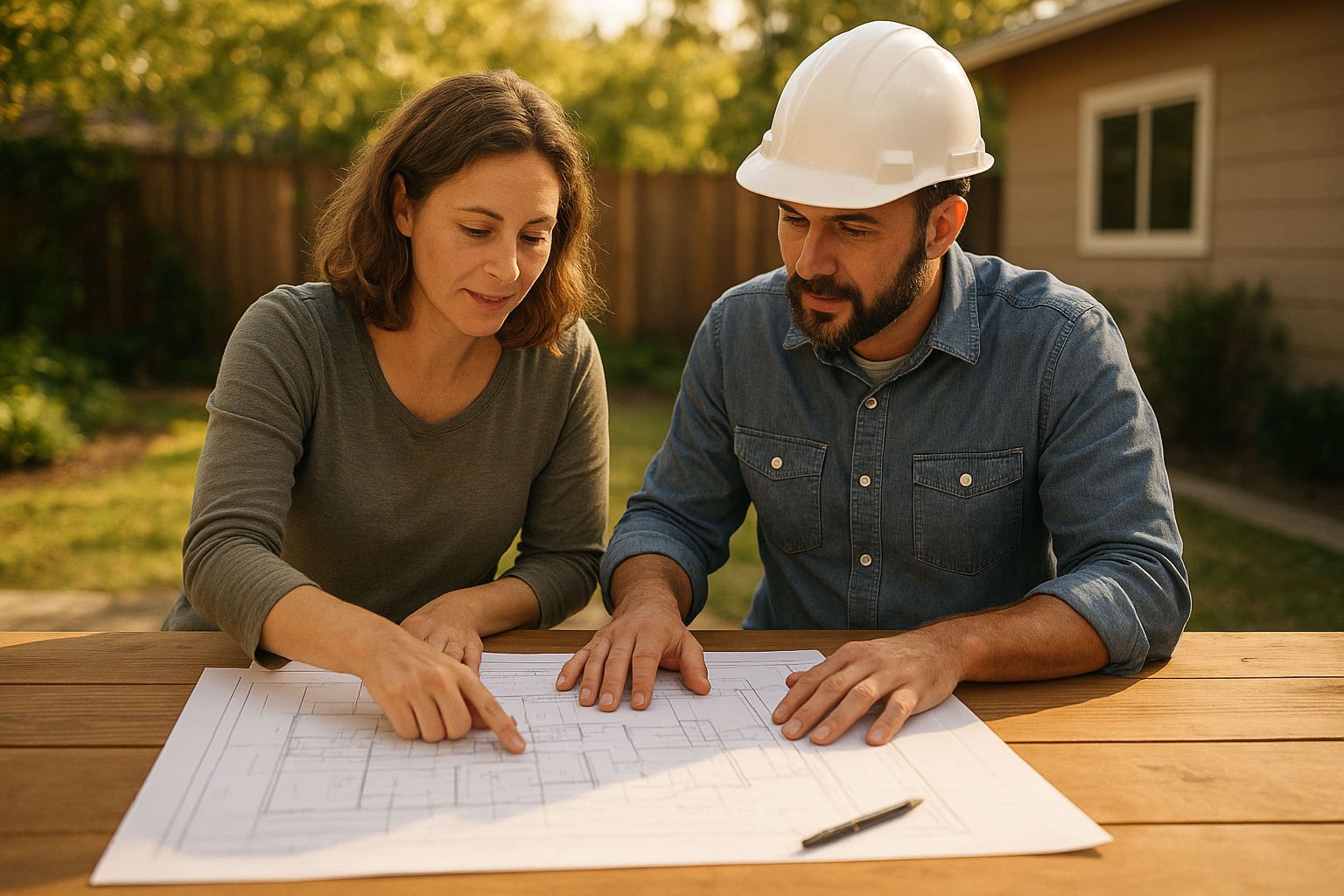 Homeowner and contractor reviewing blueprints for new ADU homes construction