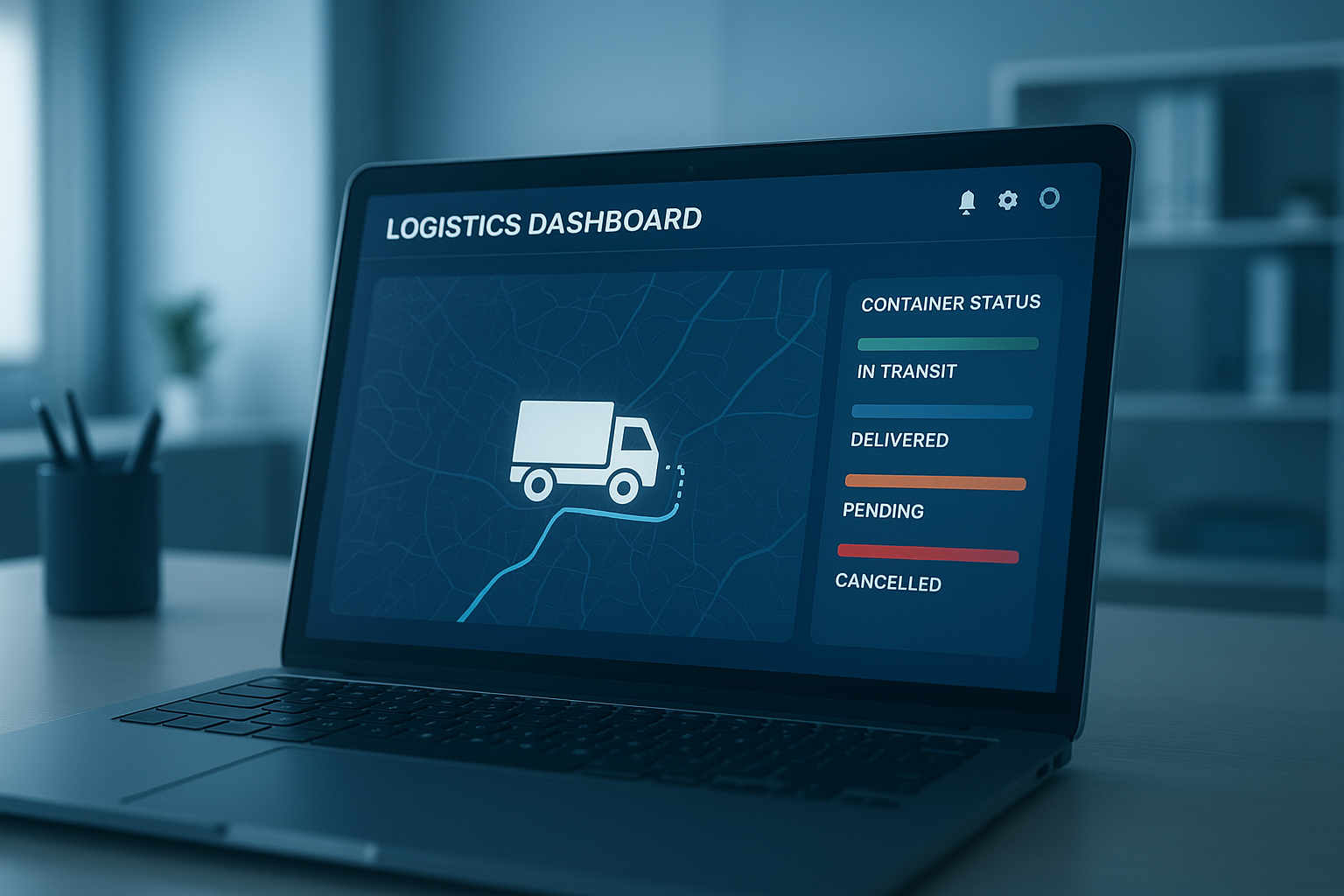 Logistics dashboard displaying live container tracking status and route map