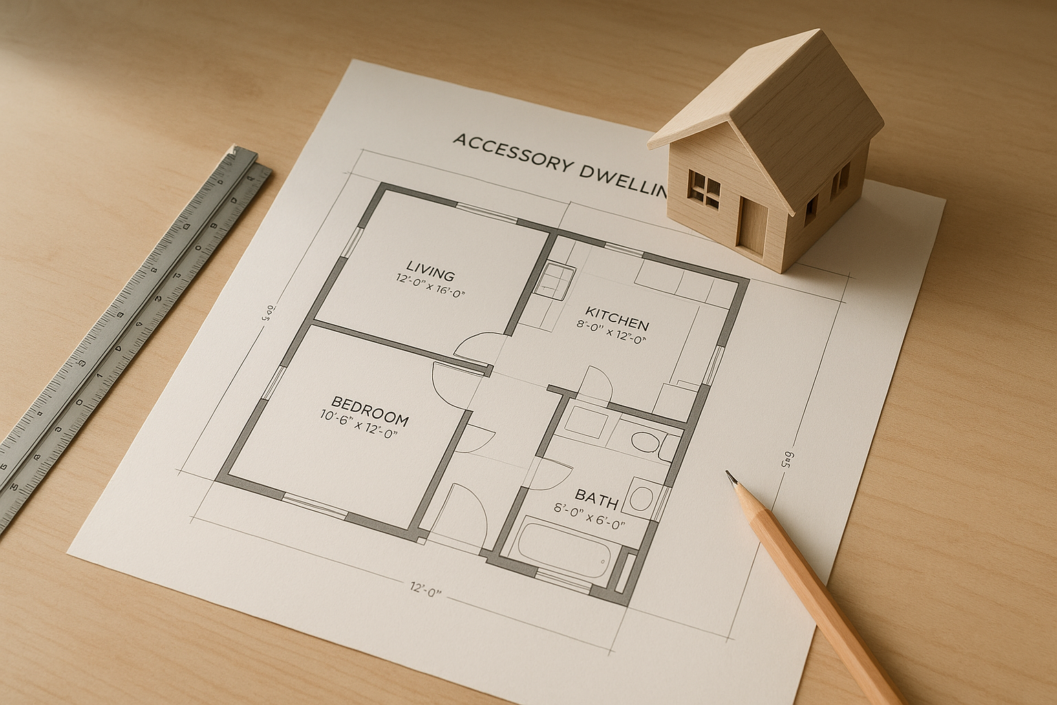 Architect reviewing custom ADU floor plan design services blueprint on a desk
