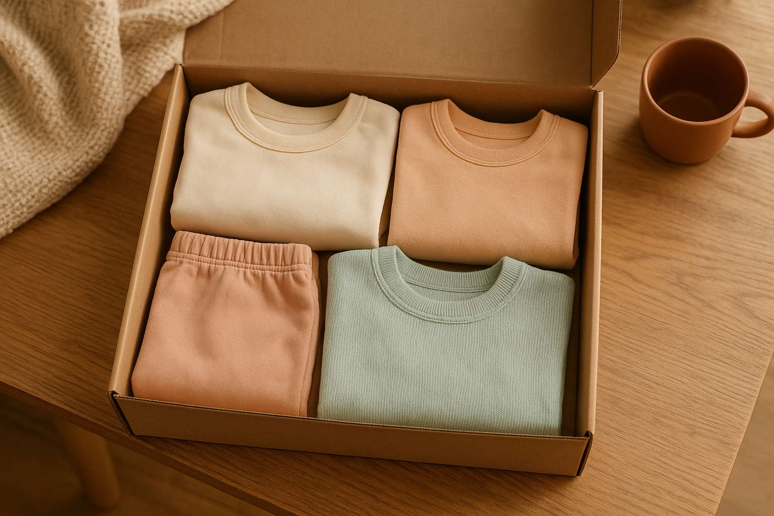 Folded children's clothing packed for a kids style rental subscription delivery