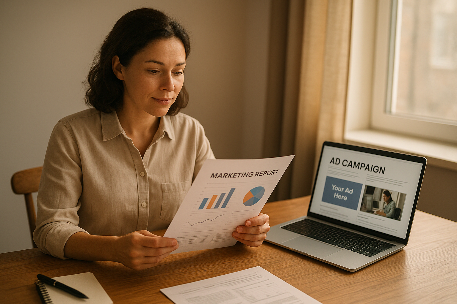 Local business owner reviewing a competitive intelligence report and campaign copy at a desk