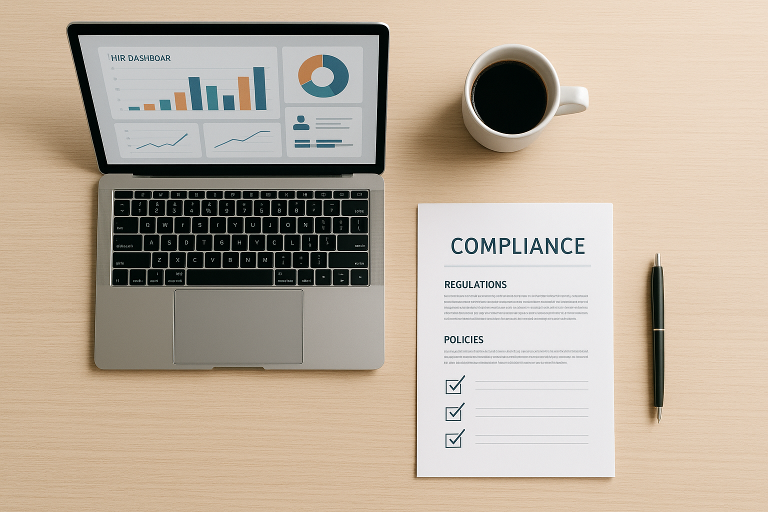 HR compliance documents and dashboard representing outsourced HR compliance management
