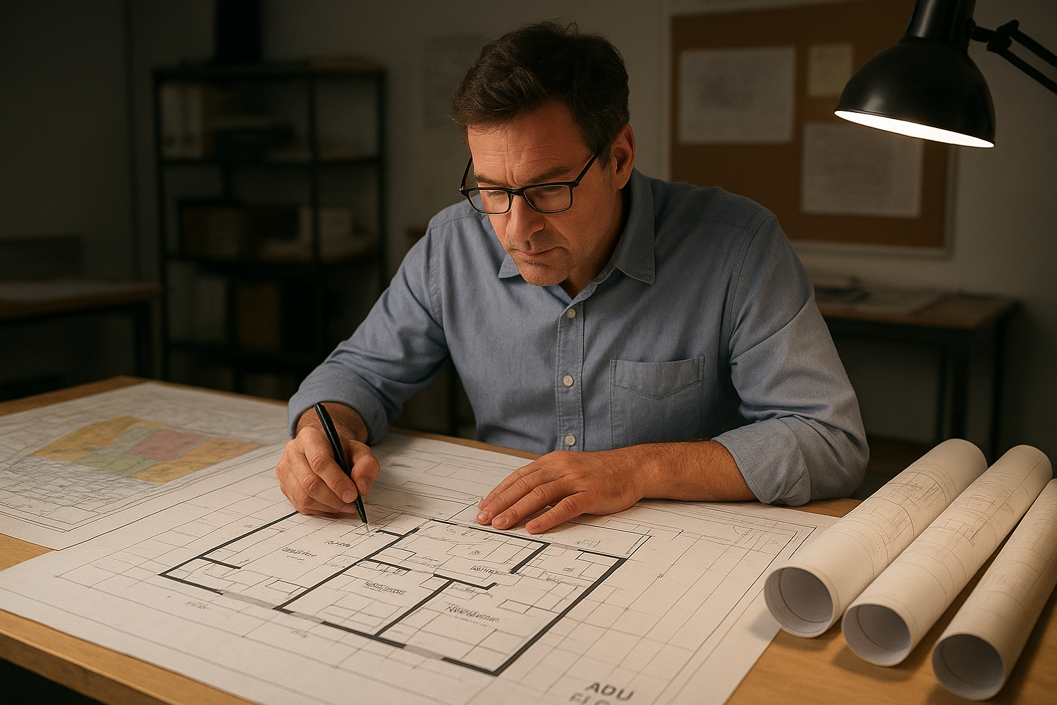 Architect reviewing floor plans and zoning maps for an ADU construction project