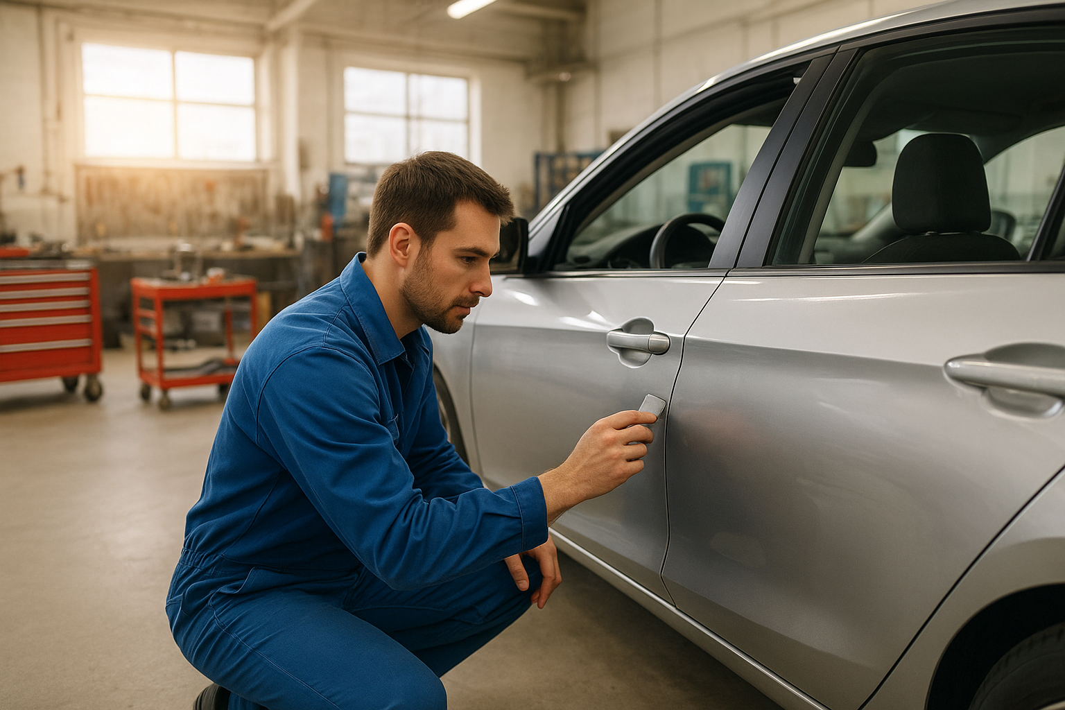 Certified technician performing cheap body repair near me at a local auto body shop