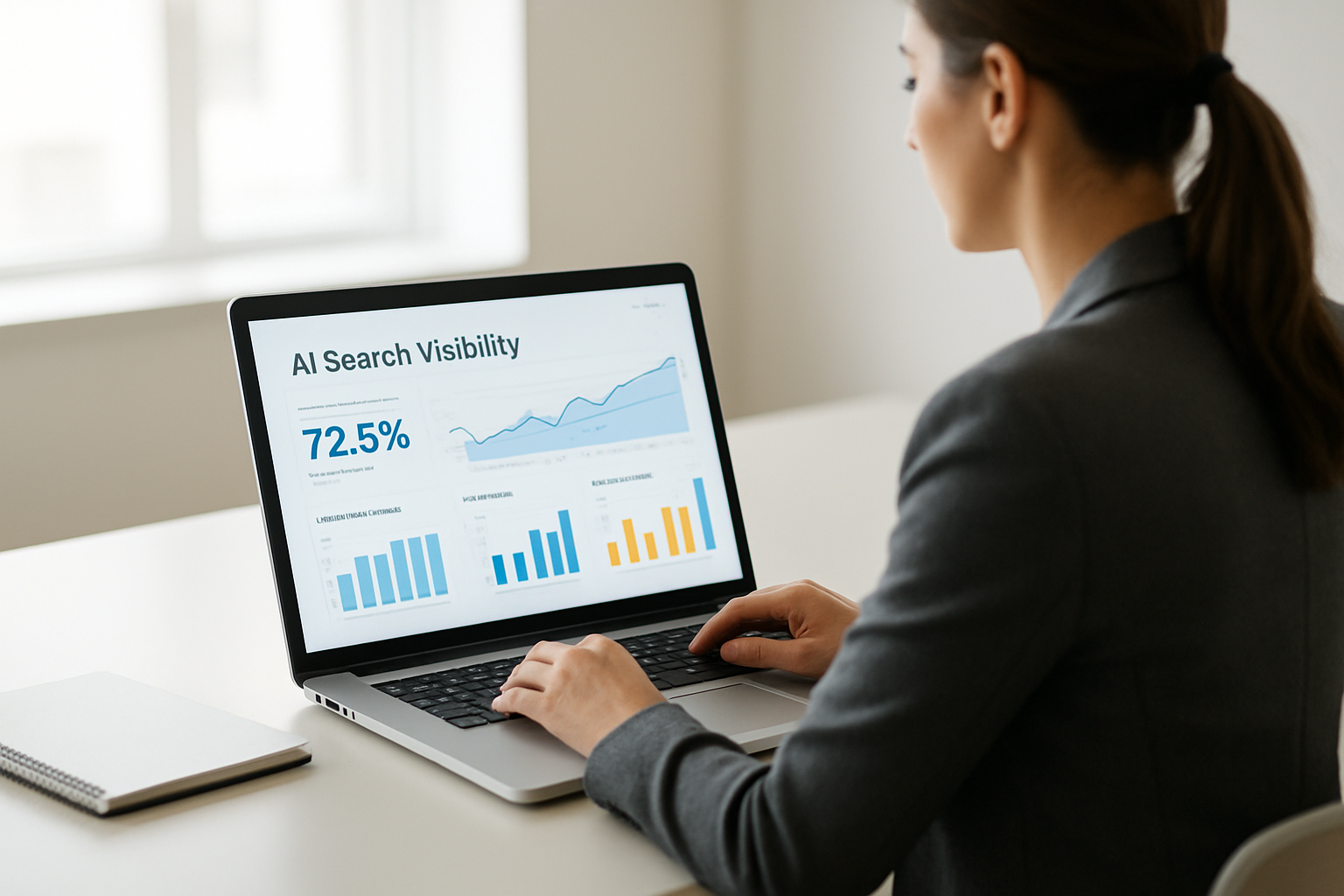 Marketer reviewing GEO solutions for marketers dashboard showing AI search visibility metrics