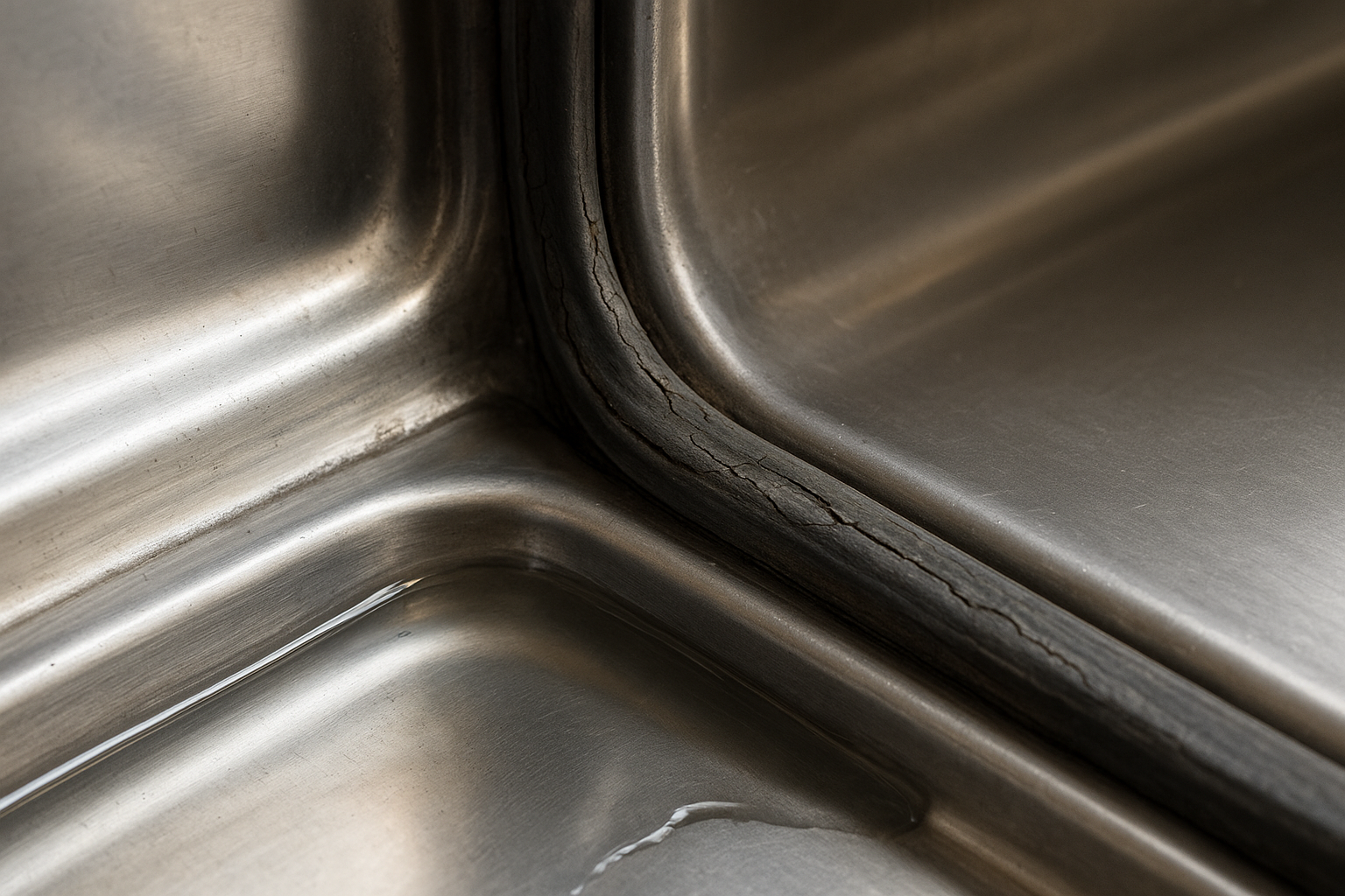 Close-up of a leaking dishwasher door seal needing repair