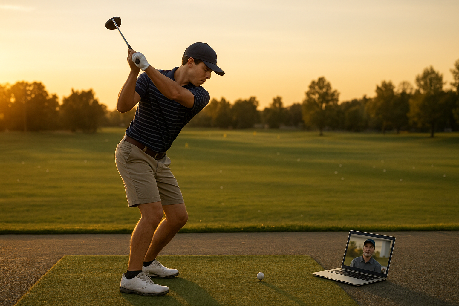 Collegiate golfer practicing while reviewing feedback from an online golf coach