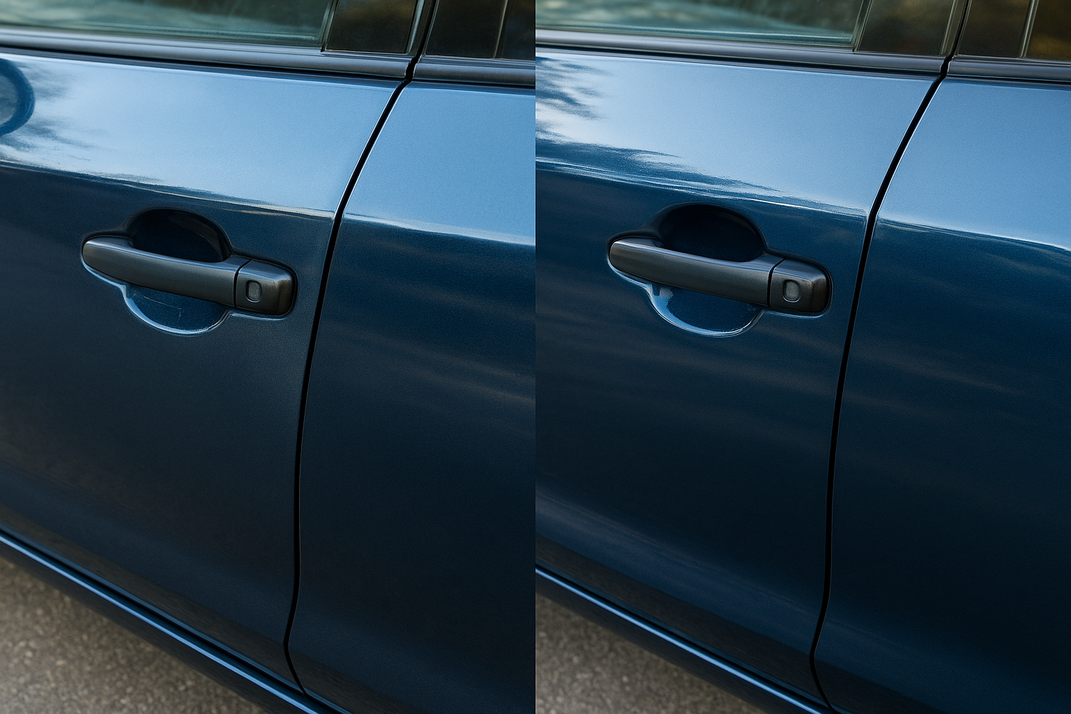 Seamless paint transition on a repaired car door panel after professional color blending work