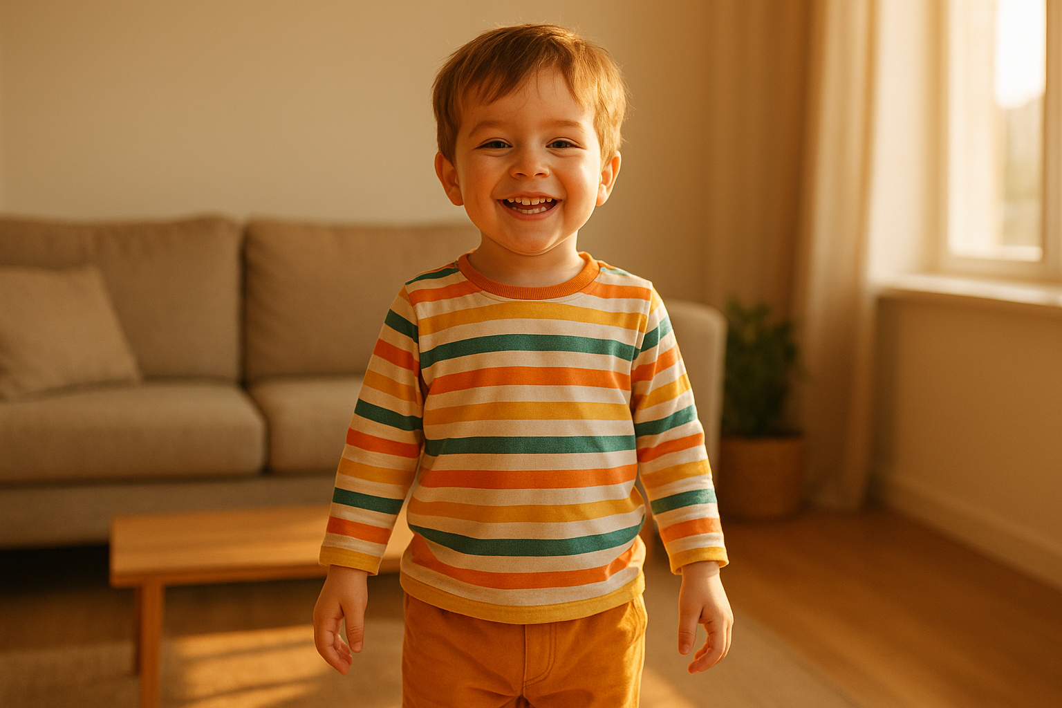 Young child wearing a coordinated outfit received from a children's clothing subscription service