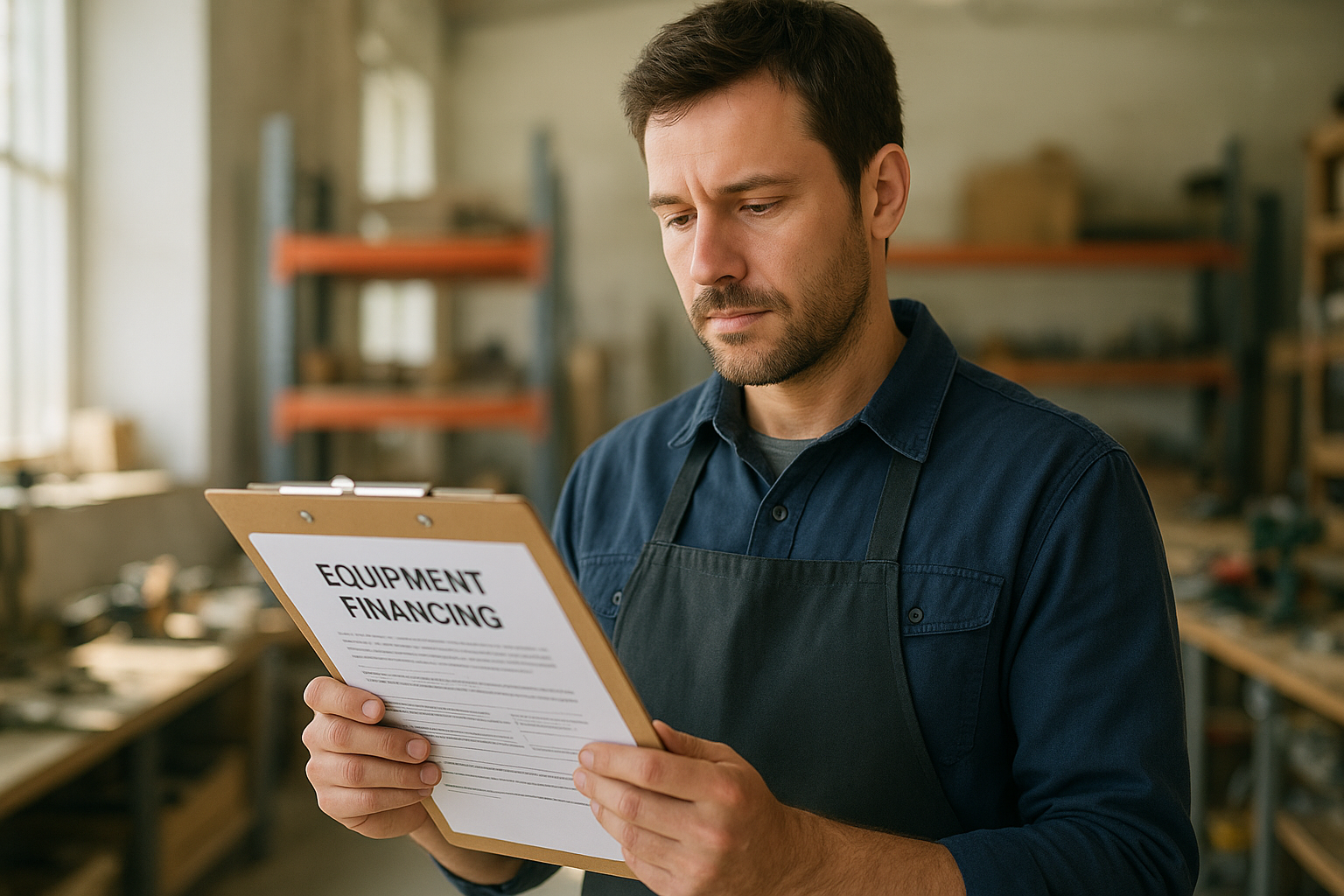 Small business owner reviewing equipment financing for small to medium business paperwork in a workshop