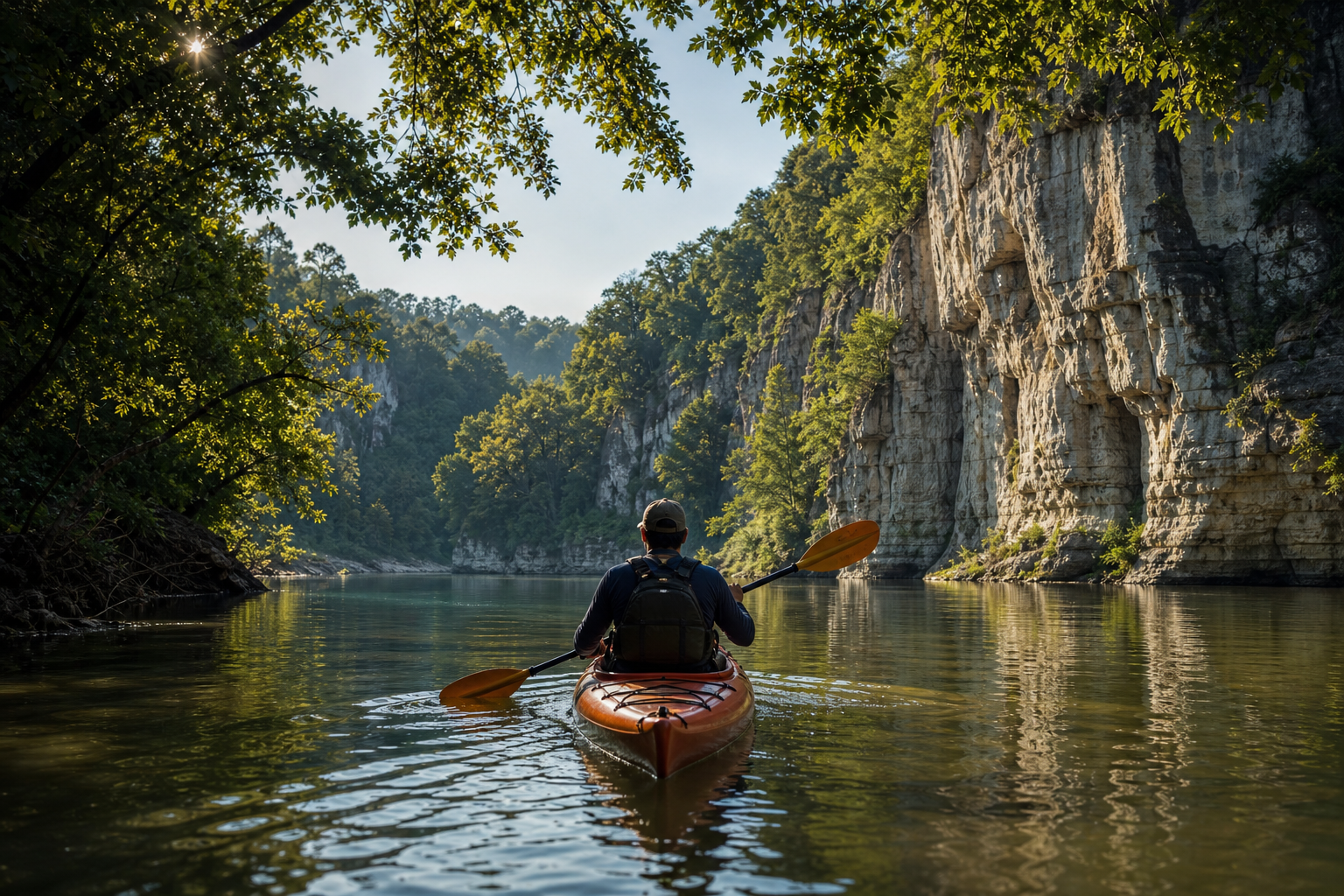 Kayaker paddling past limestone bluffs during a scenic Buffalo River float trip