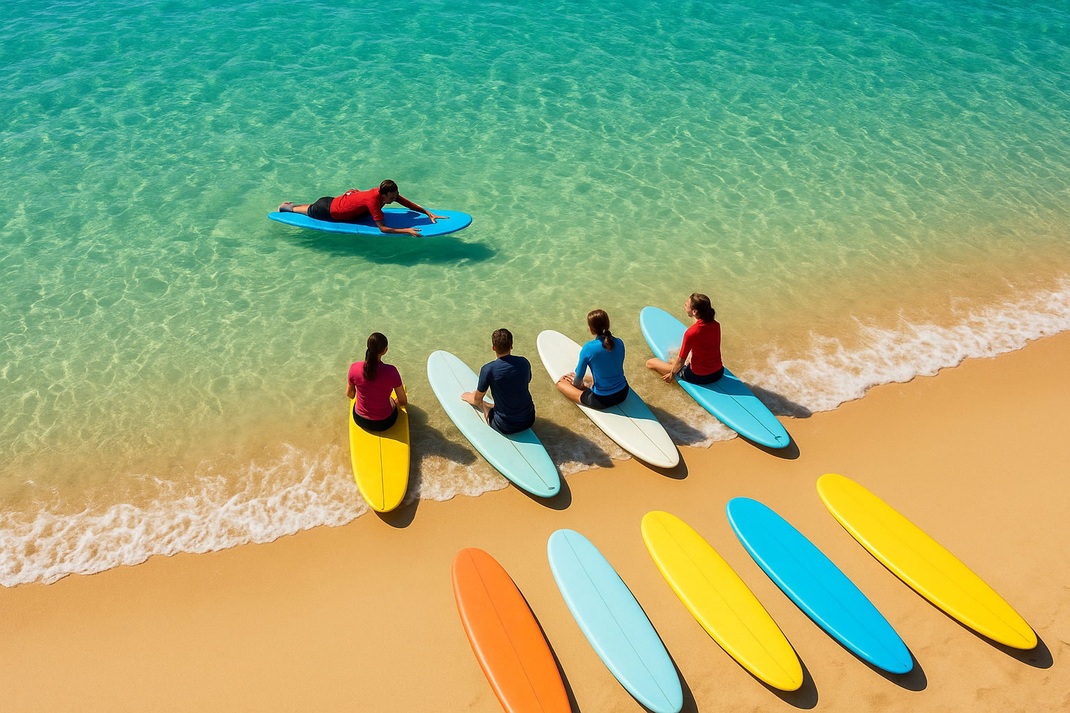 Group of students practicing paddling technique during an ocean-focused surf lesson