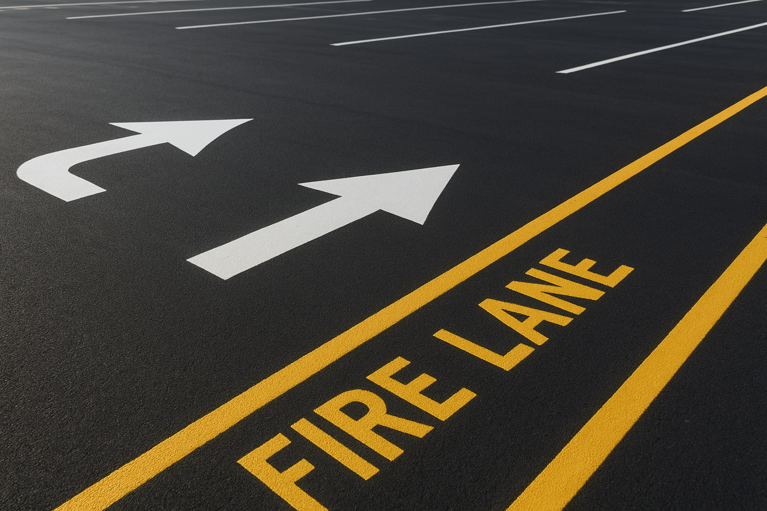 Close-up of directional arrows and fire lane curb markings on freshly striped parking lot asphalt