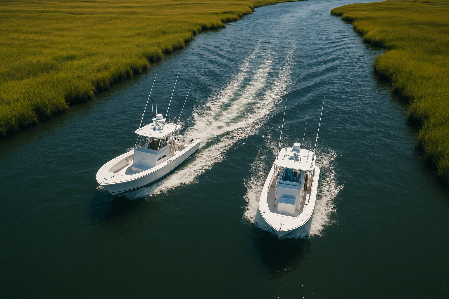 Two charter boats coordinated for a large group fishing trip near the Grand Strand coastline