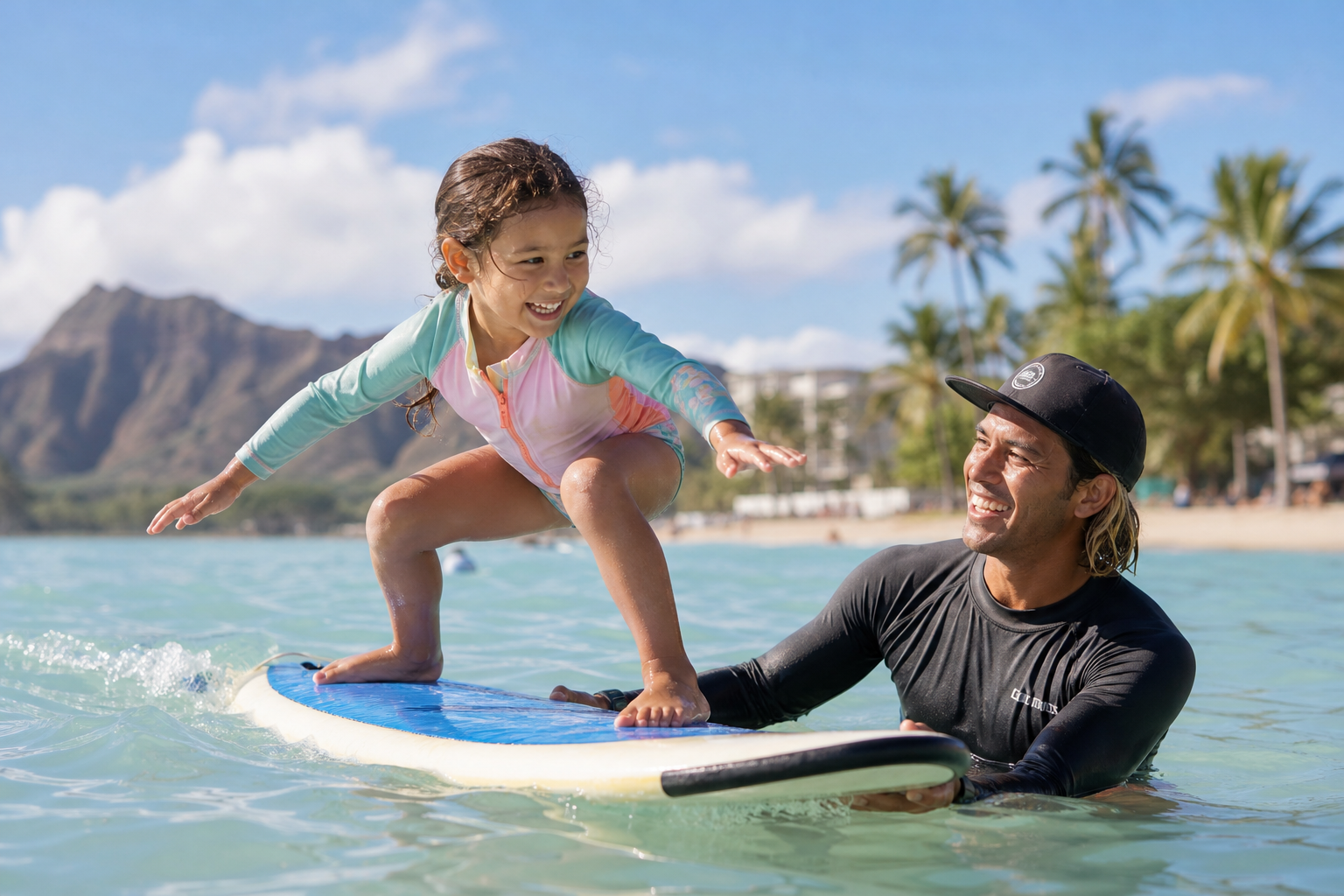Instructor helping a young child during kids surf clinics for ages 5-10 Waikiki