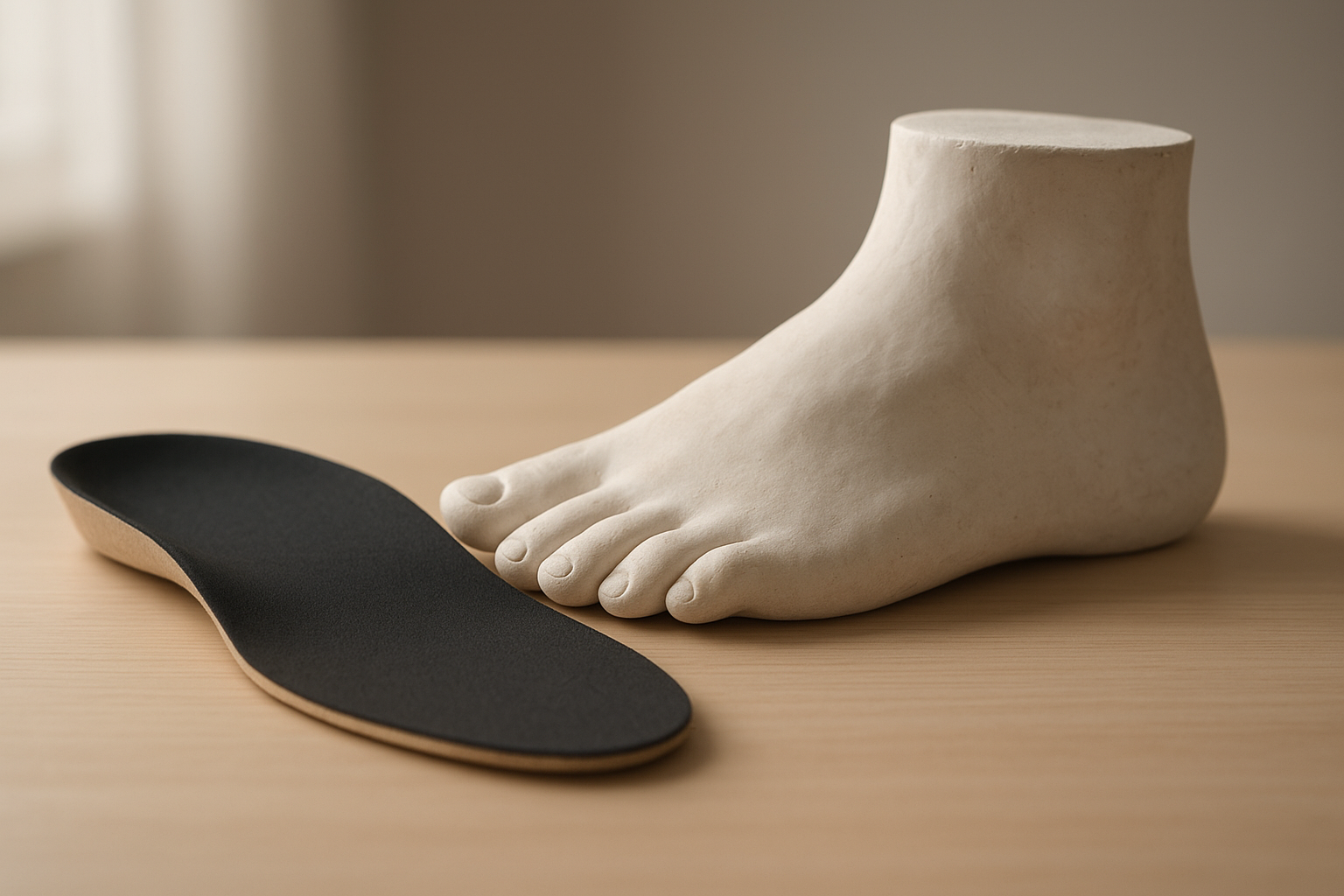 Custom orthotics for flat feet shown next to a plaster foot mold used for fitting