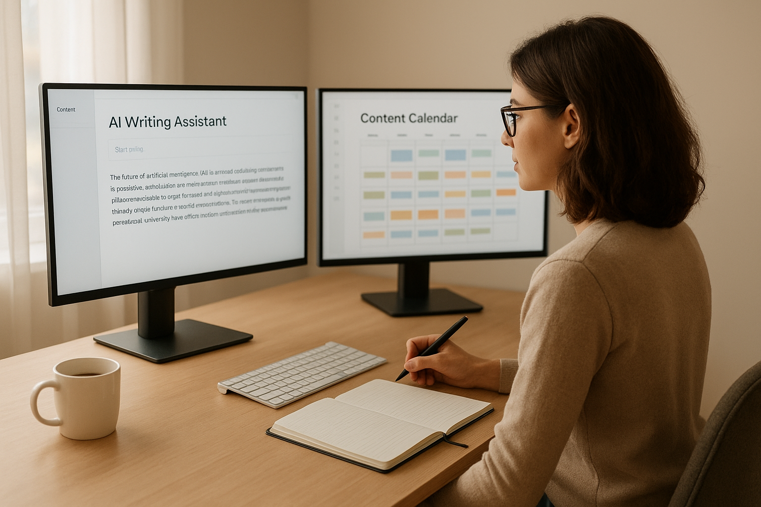 A content strategist using an AI writing assistant tool as part of a modern content marketing workflow