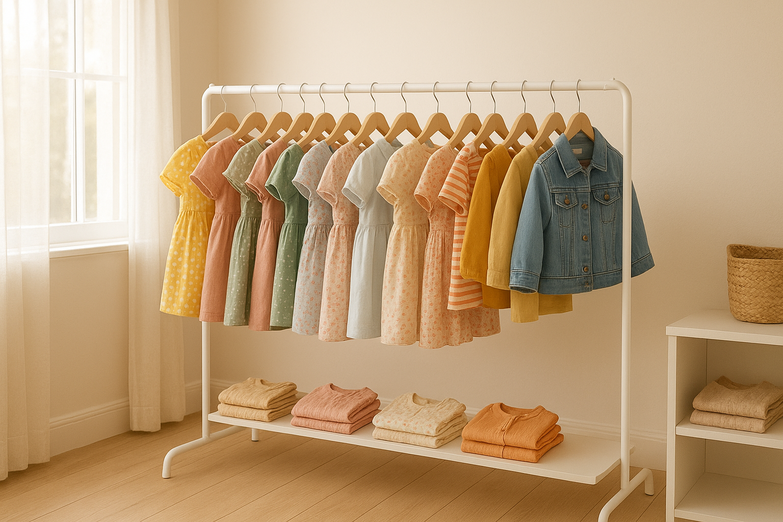 Rack of colorful designer kids fashion box clothing organized by size