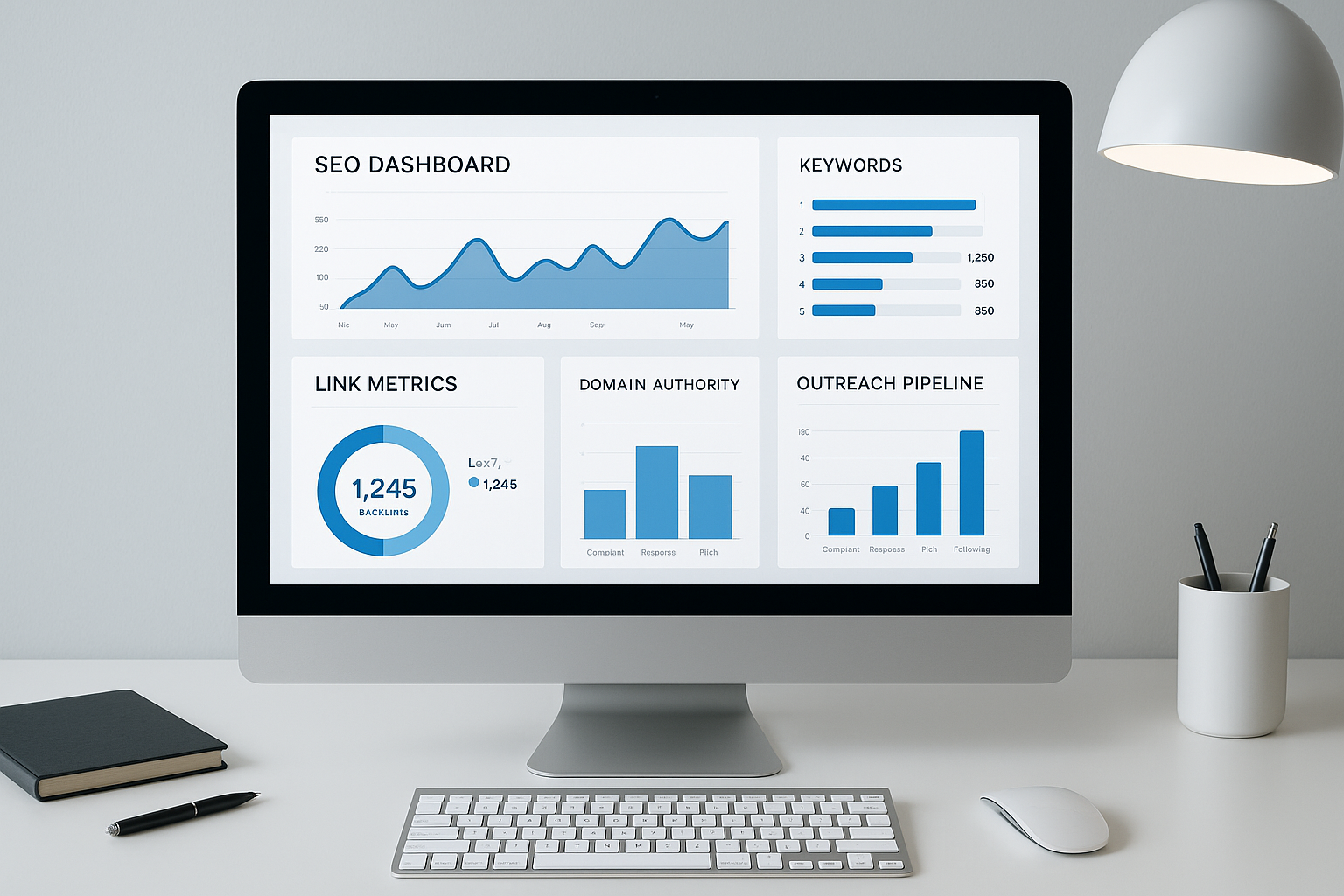 SEO dashboard showing automated backlink strategies and link building metrics