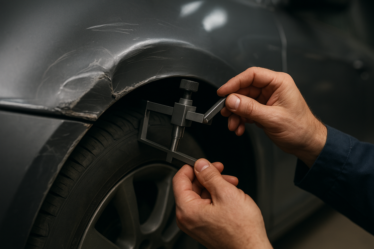 Close-up inspection of collision damage during a repair estimate at an Orange County auto body shop