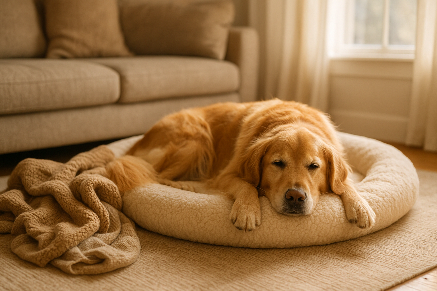 Dog enjoying vip pet care with a plush cozy bed at home