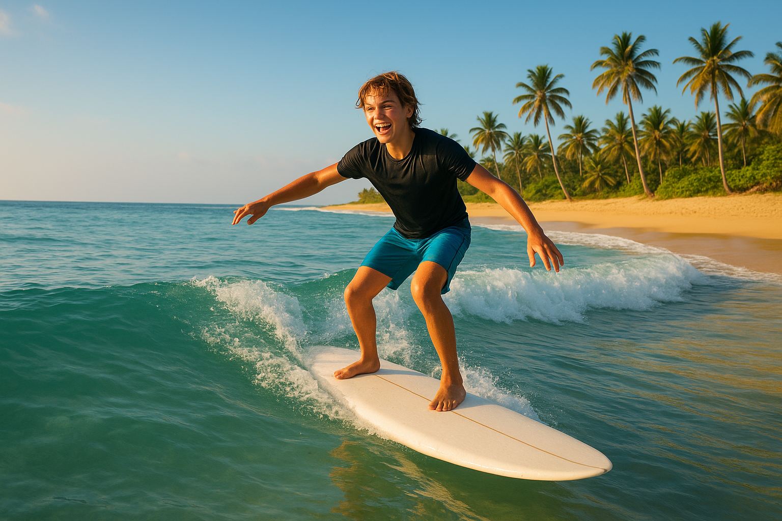 beginner learning to surf in Waikiki on a foam longboard in gentle waves