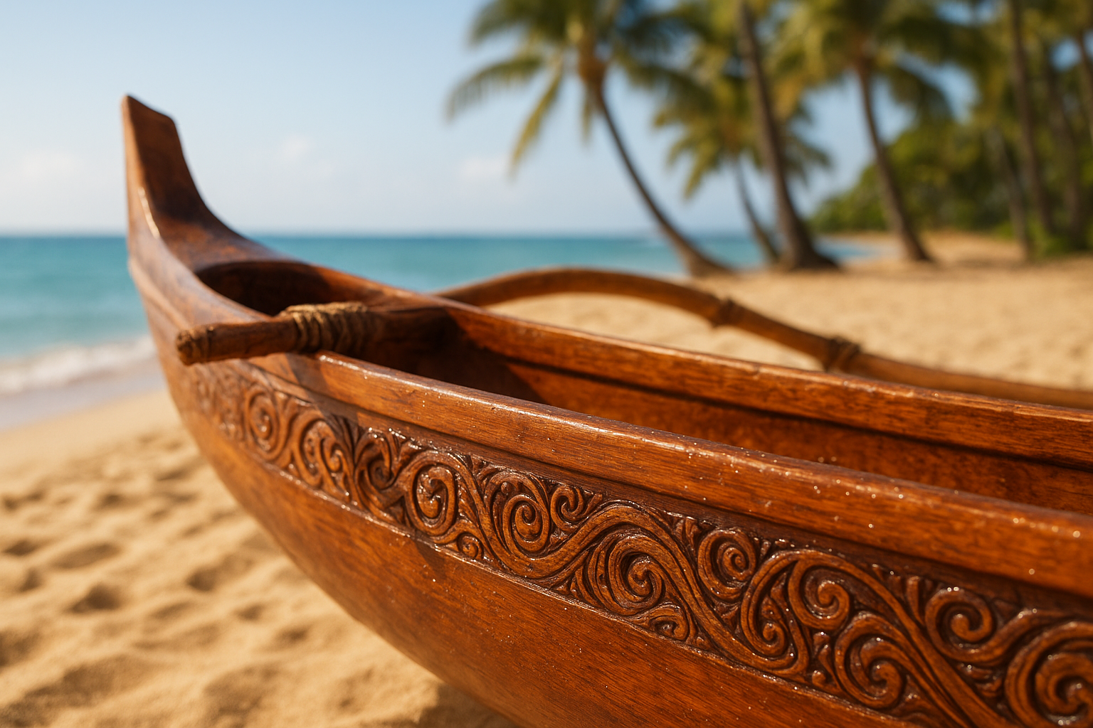 Traditional Hawaiian outrigger canoe on Waikiki Beach ready for a ride