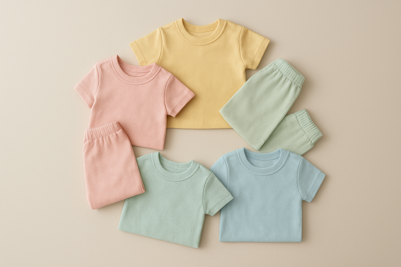 Folded children's clothing arranged to represent sustainable clothing rental cycles