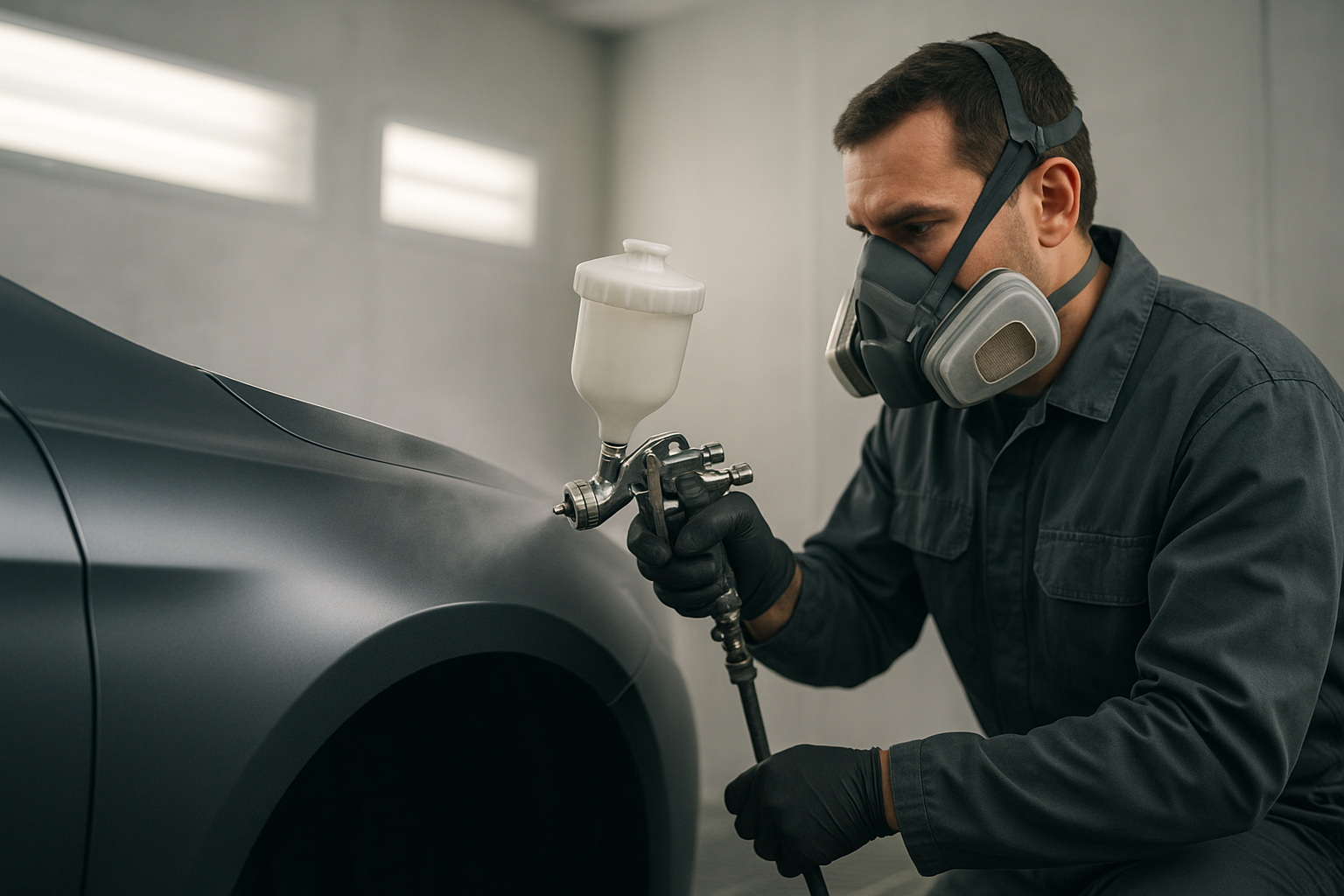 Paint technician matching factory color inside a spray booth at an Orange County collision repair shop