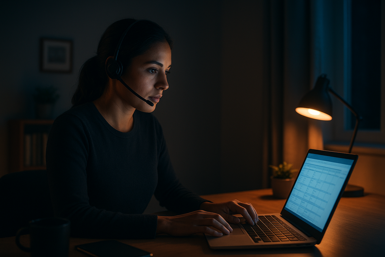 Dispatcher demonstrating after hours answering for HVAC service calls at a night desk