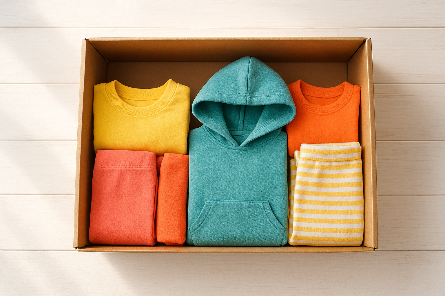 Children's clothing subscription box filled with colorful folded kids' outfits on a white table