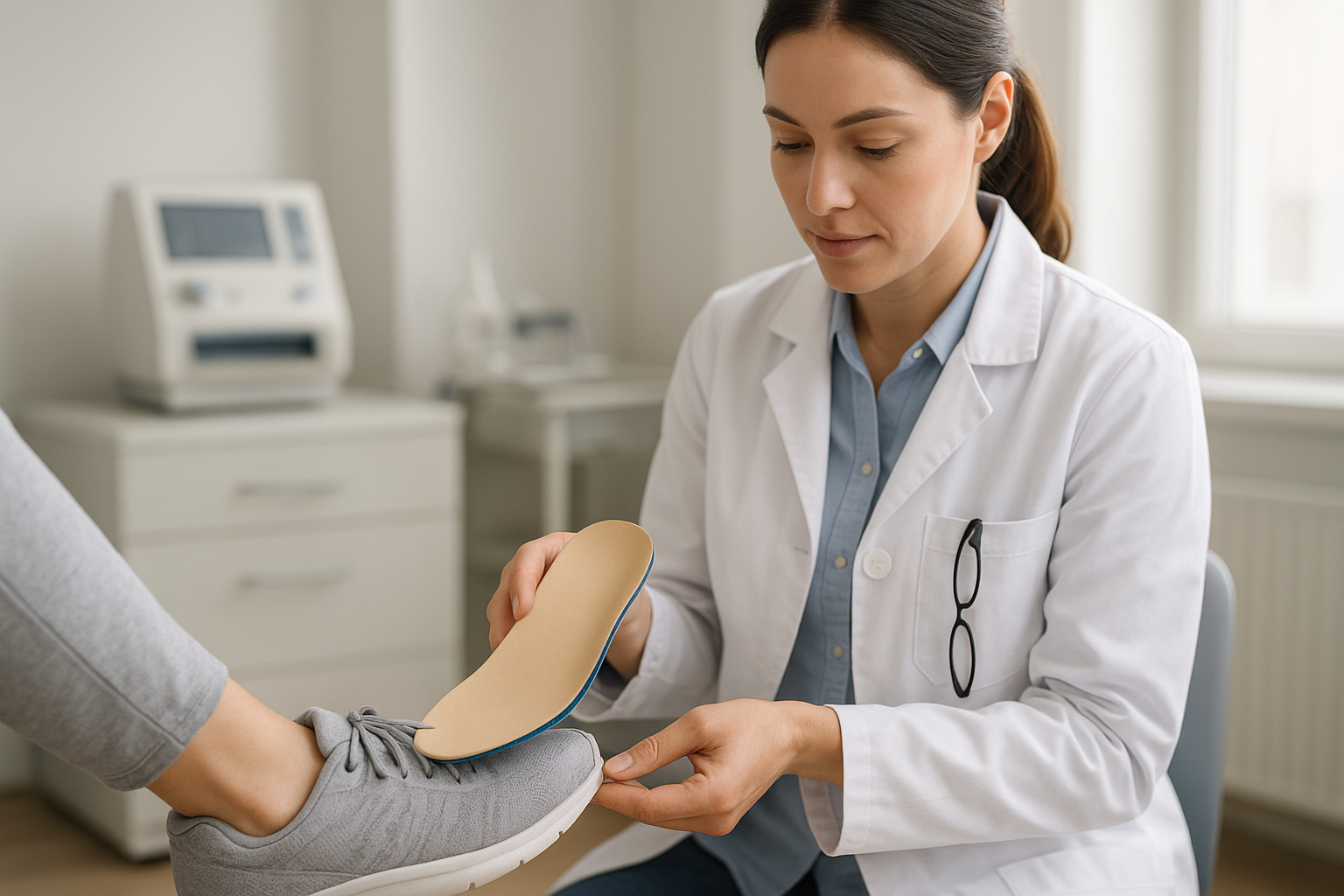 Podiatrist fitting personalized foot orthotics into a patient's shoe