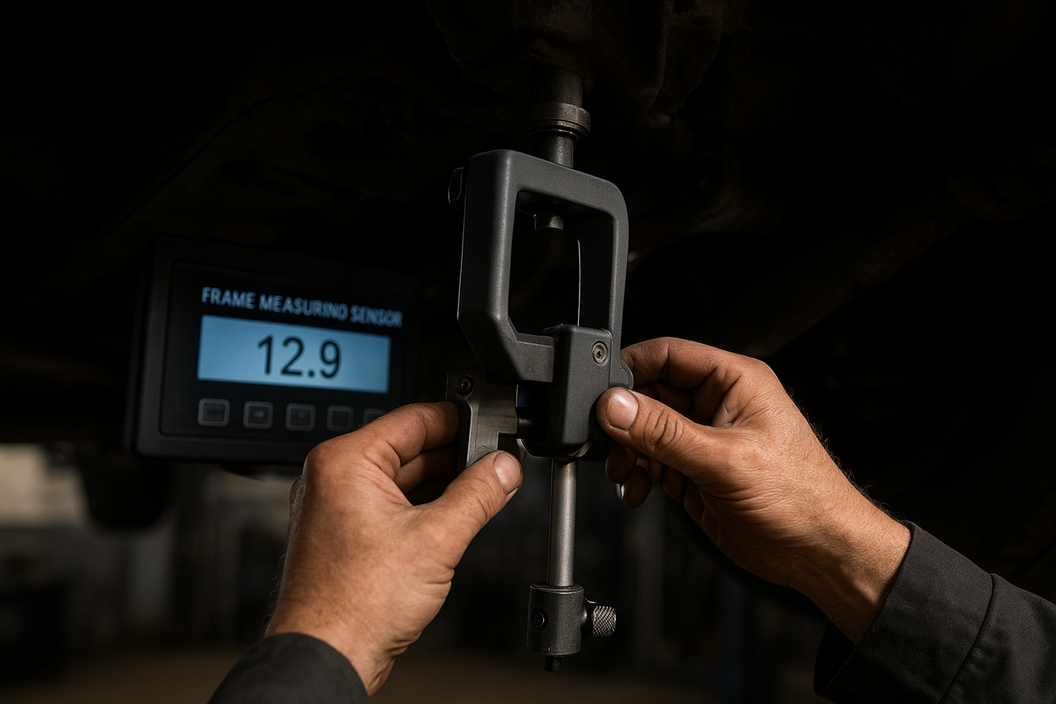 Technician using computerized measuring equipment during frame straightening Brea repair work
