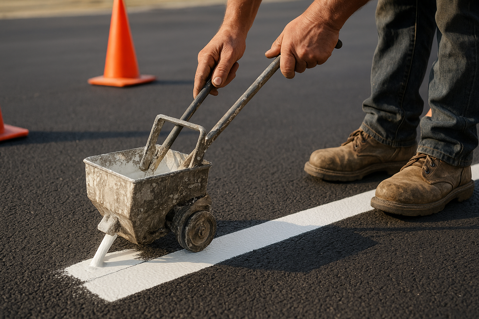 Professional applying fresh line striping during a parking lot marking project