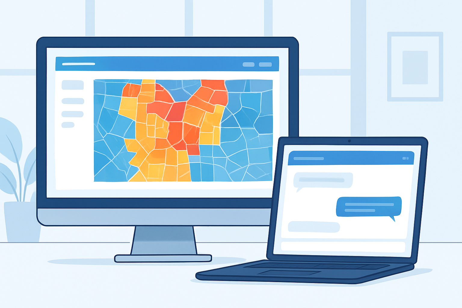 Dashboard comparing a seller-intelligence heat map with an AI chat window on a laptop