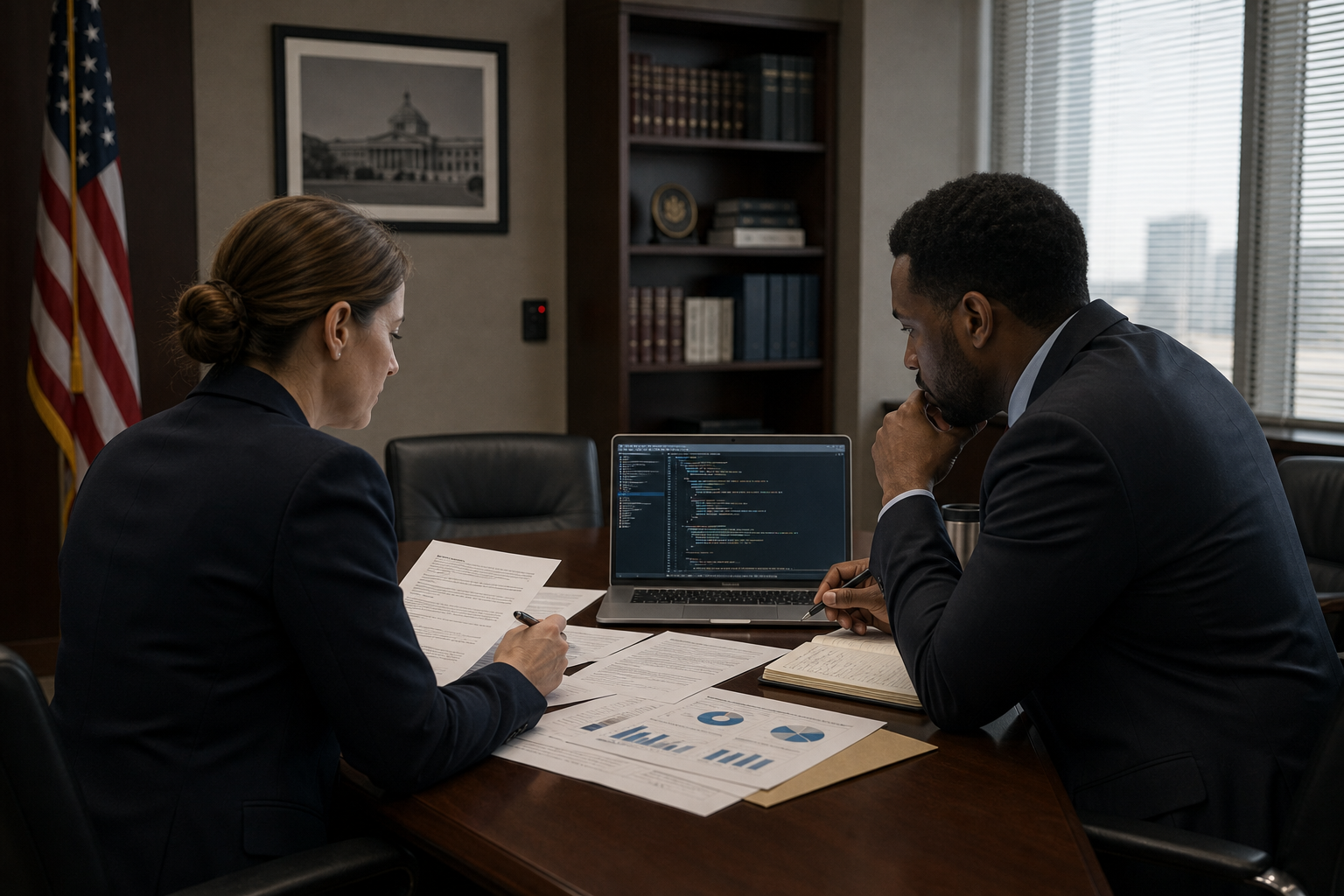 Security team reviewing deployment documentation for an isolated AI system in a government office