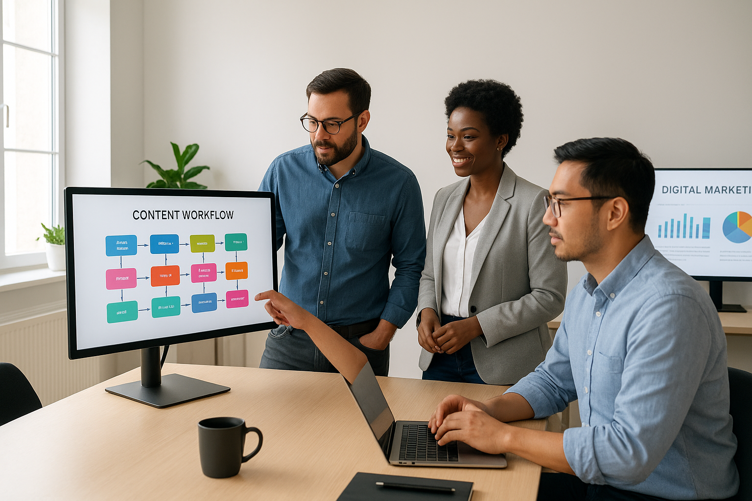 Agency team reviewing best AI content marketing workflows for agencies in 2026 on office monitors